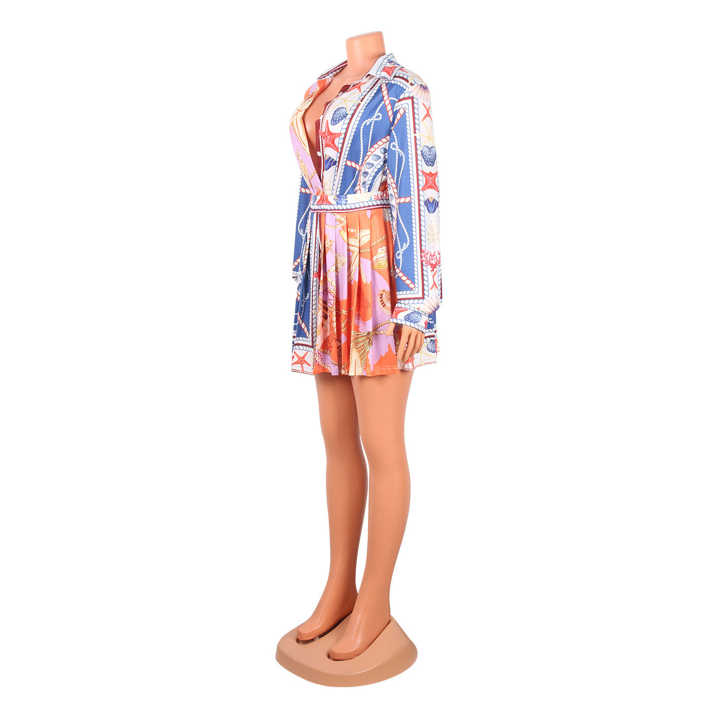 Print Pleated Skirt & Long Sleeve Shirt Set