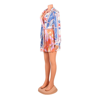 Print Pleated Skirt & Long Sleeve Shirt Set
