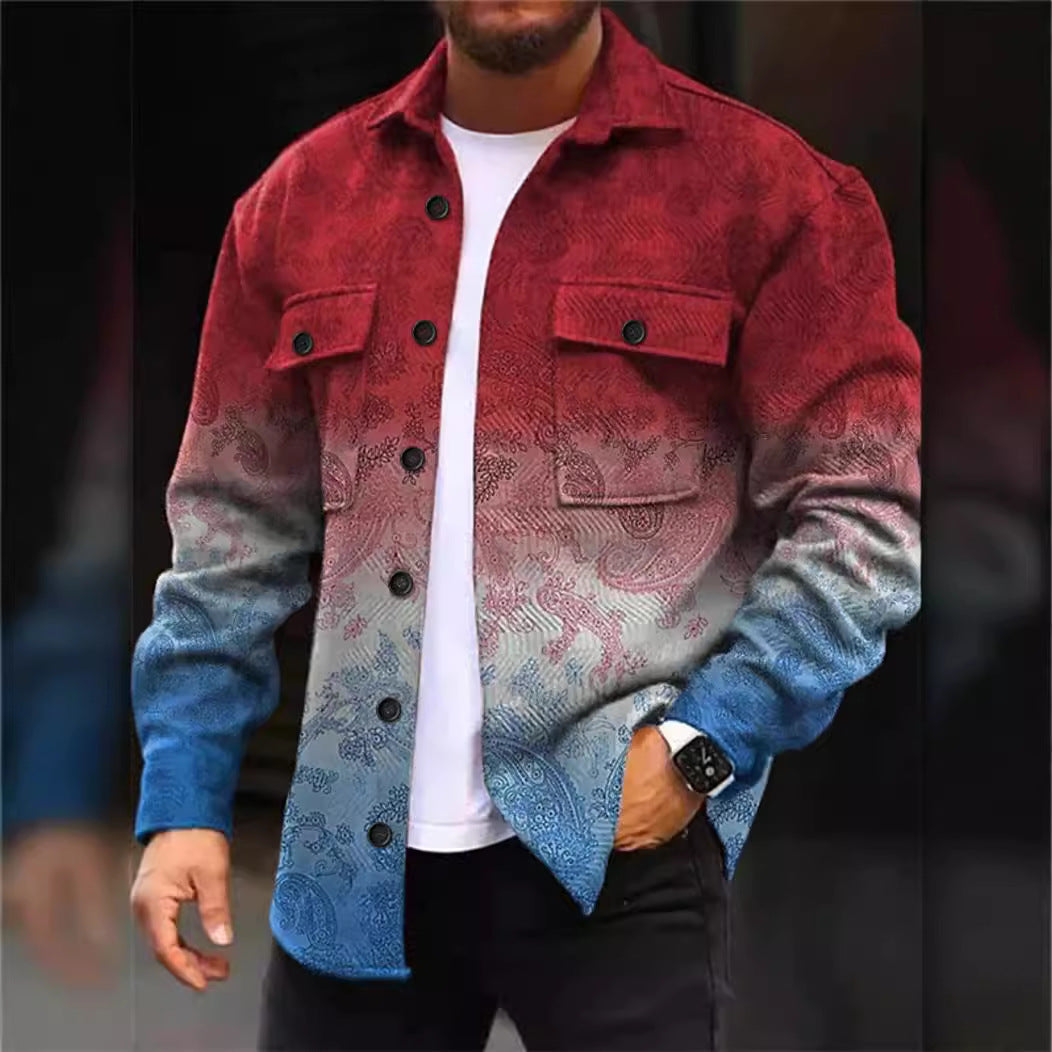 Men's Ombré Floral Pattern Denim Shirt Jacket – Stylish Layered Look
