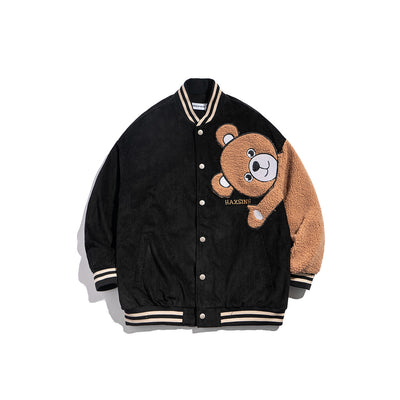 Mens' Cozy Teddy Bear Embroidered Bomber Jacket