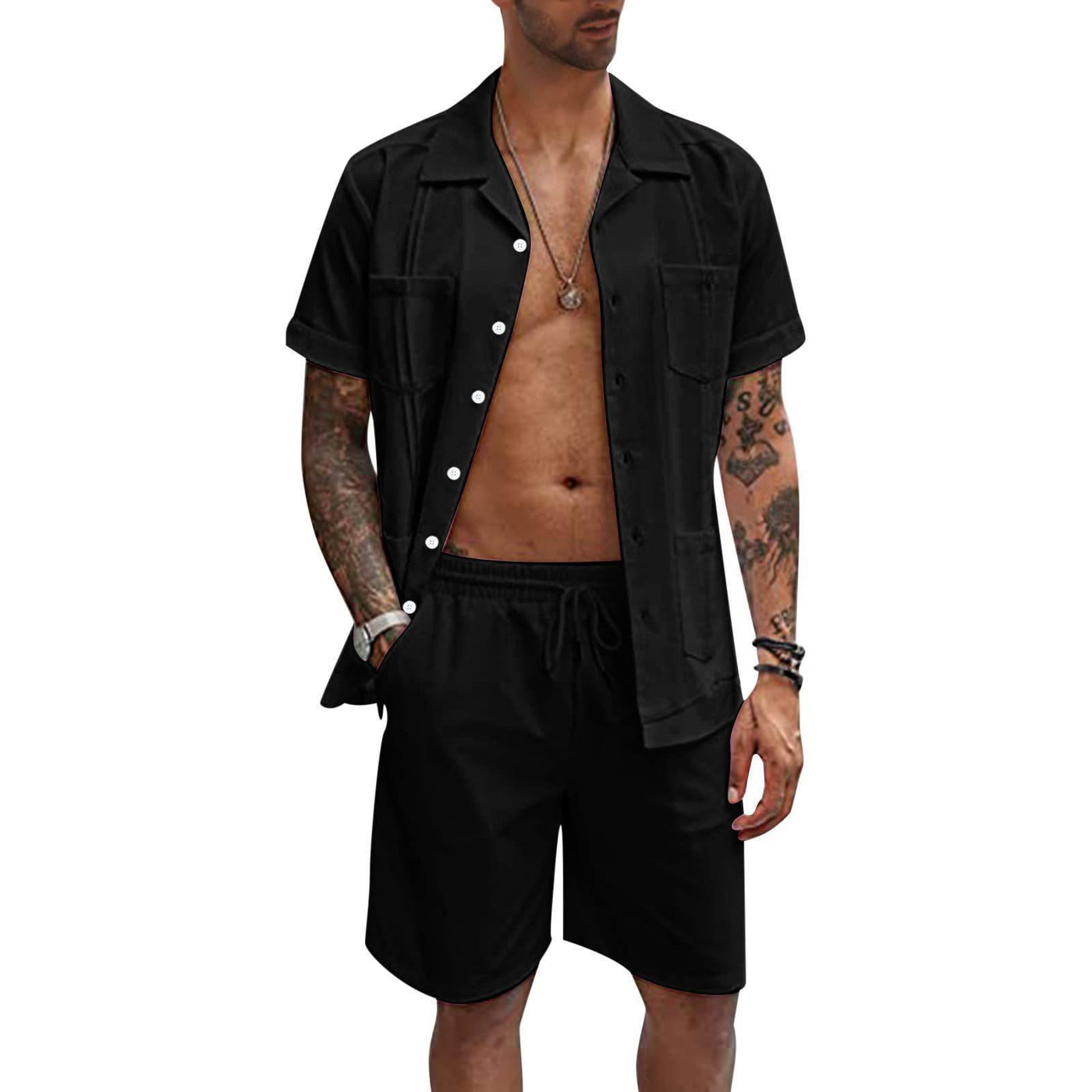 Men’s Short Sleeve Casual Button-Down Shirt & Drawstring Shorts Set – Stylish, Comfortable Summer Outfit