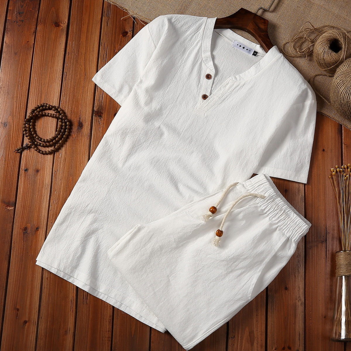 Elegant Linen Men's Pajama Set with Button-Down Top and Drawstring Pants
