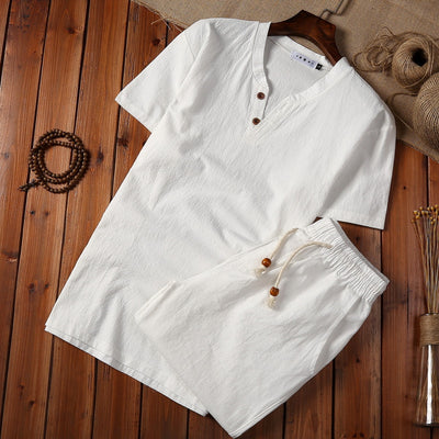 Elegant Linen Men's Pajama Set with Button-Down Top and Drawstring Pants