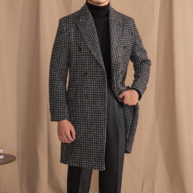 Sophisticated Houndstooth Pattern Long Coat – Timeless Elegance for Men