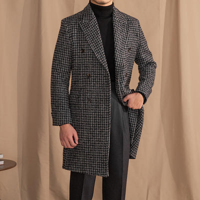 Sophisticated Houndstooth Pattern Long Coat – Timeless Elegance for Men