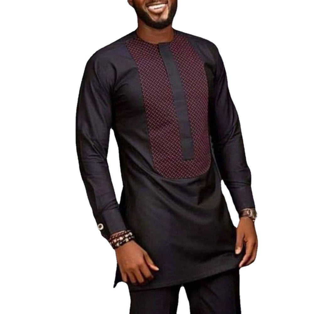 Men's Stylish Long-Sleeve Shirt with African Print Details