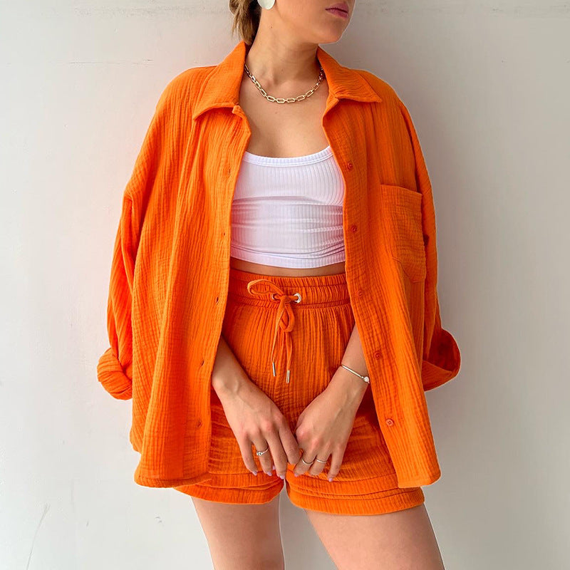 Wrinkled Fabric Casual Shorts Set