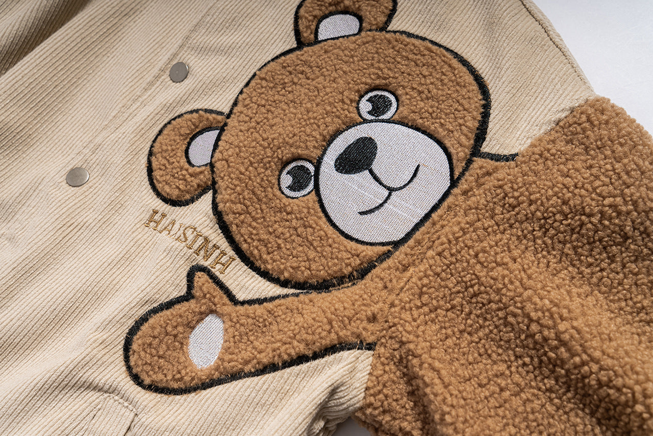 Mens' Cozy Teddy Bear Embroidered Bomber Jacket