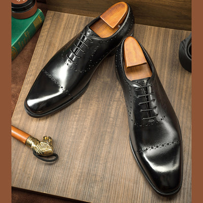 Luxury Leather Dress Shoes – Elegant Brogue Detailing in Black & Brown: Cowhide British Style Brock Oxford Shoes Men
