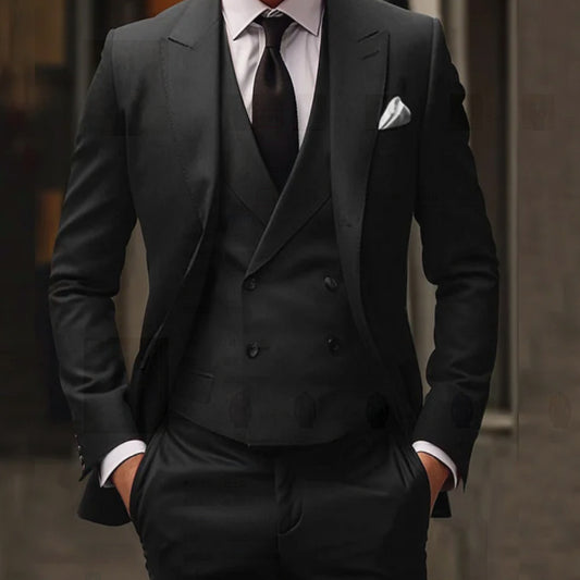 Men's Premium Black Three-Piece Suit with Double-Breasted Waistcoat