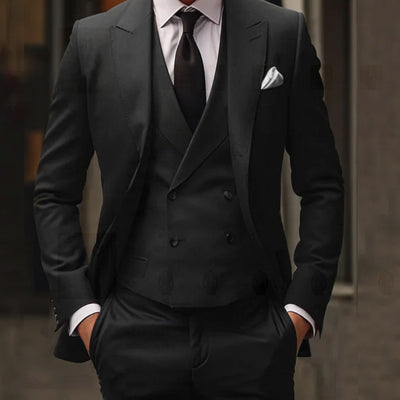 Men's Premium Black Three-Piece Suit with Double-Breasted Waistcoat
