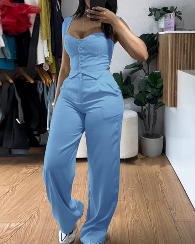 Slim Fit Vest & High Waisted Wide Leg Pants