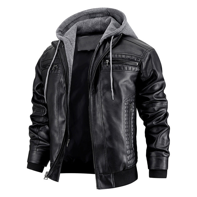 Hooded Jacket With Zipper Pockets Fashion Warm Leather Coat Mens Clothing