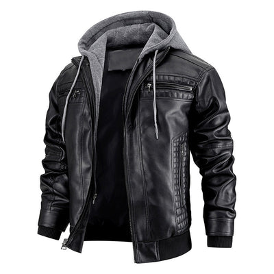 Hooded Jacket With Zipper Pockets Fashion Warm Leather Coat Mens Clothing
