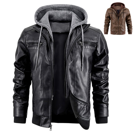 Hooded Jacket With Zipper Pockets Fashion Warm Leather Coat Mens Clothing