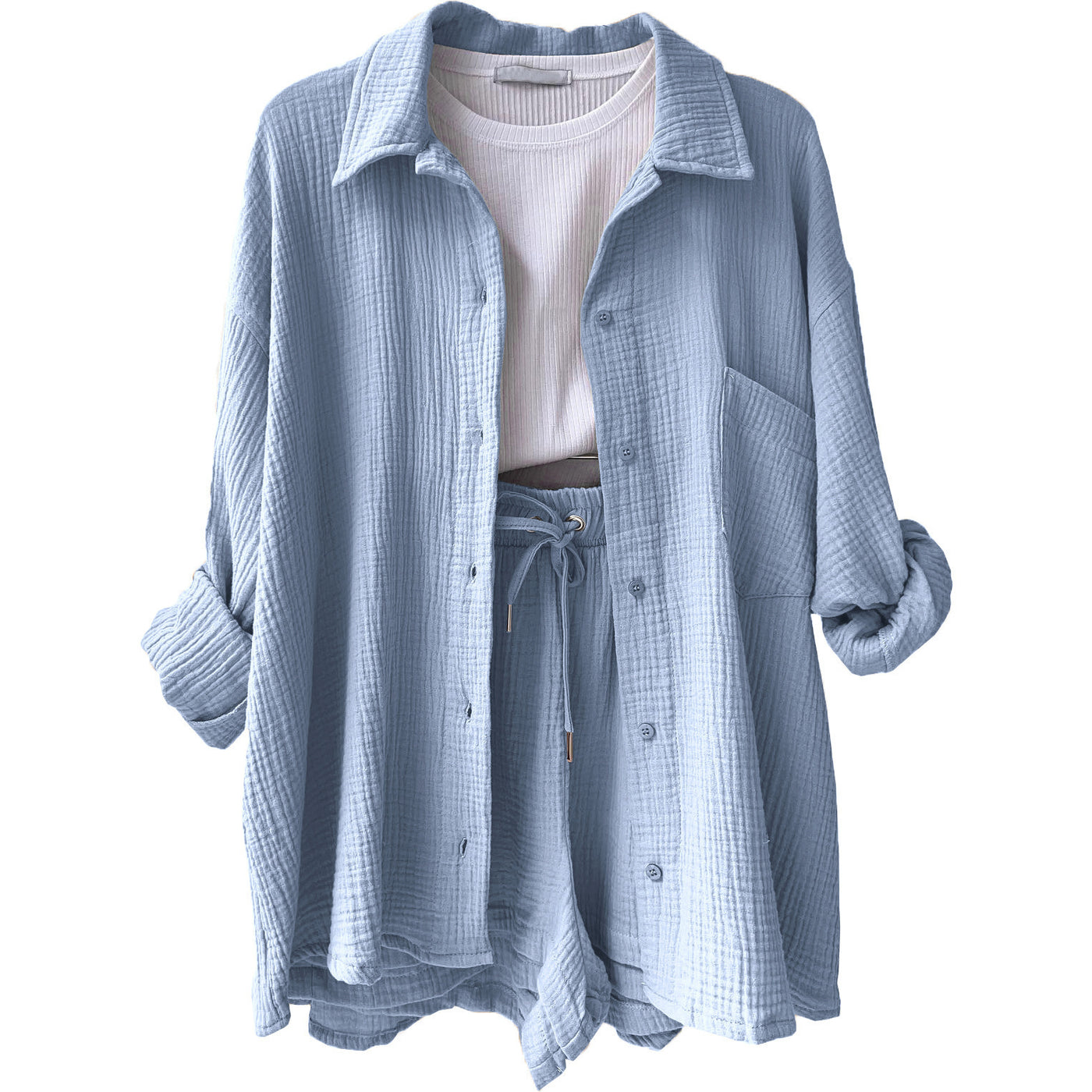 Wrinkled Fabric Casual Shorts Set