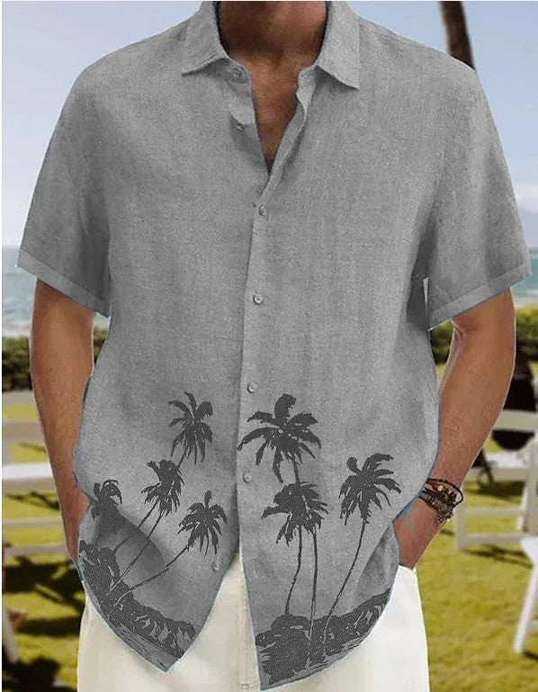 Men’s Casual Short Sleeve Linen Shirt with Palm Tree Print – Stylish, Breathable & Perfect for Summer