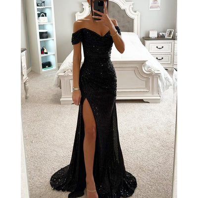 Sequins Off-neck Split Dress