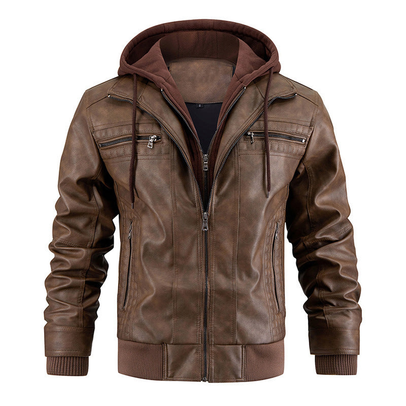 Hooded Jacket With Zipper Pockets Fashion Warm Leather Coat Mens Clothing