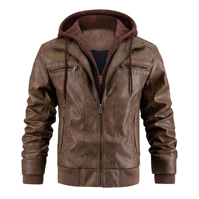 Hooded Jacket With Zipper Pockets Fashion Warm Leather Coat Mens Clothing